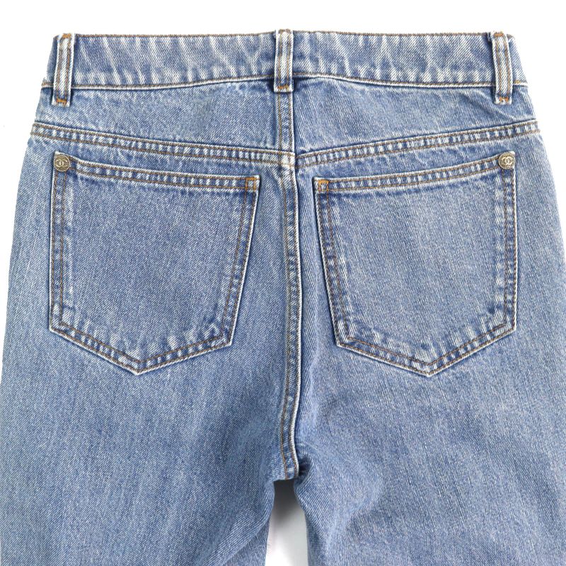 CHANEL P60217v46019 100% Cotton Coco Mark Button Damaged Tulle Cropped Denim
