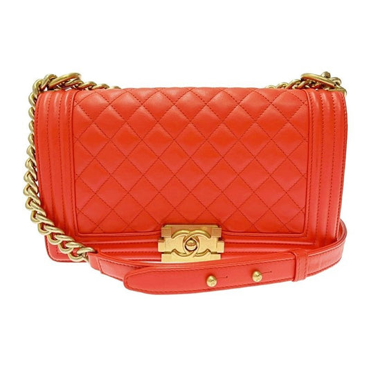 Chanel Boy Lambskin Quilted Chain Shoulder Bag Red