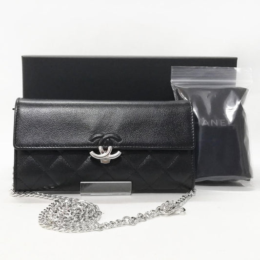 Chanel Long Wallet Half Coco Leather Black Chain