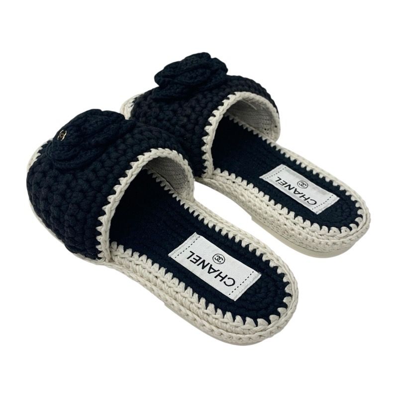 Chanel Sandals Shoes Fabric Black White Coco Mark Camellia Knit Flat Mule