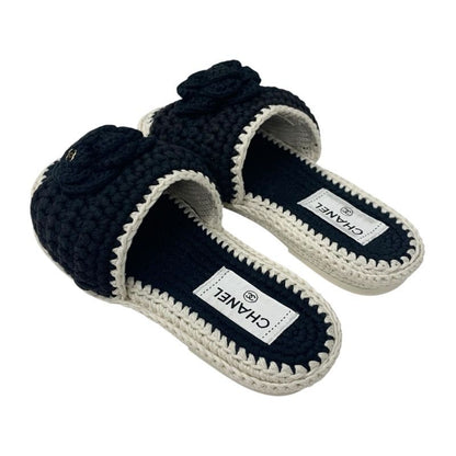 Chanel Sandals Shoes Fabric Black White Coco Mark Camellia Knit Flat Mule