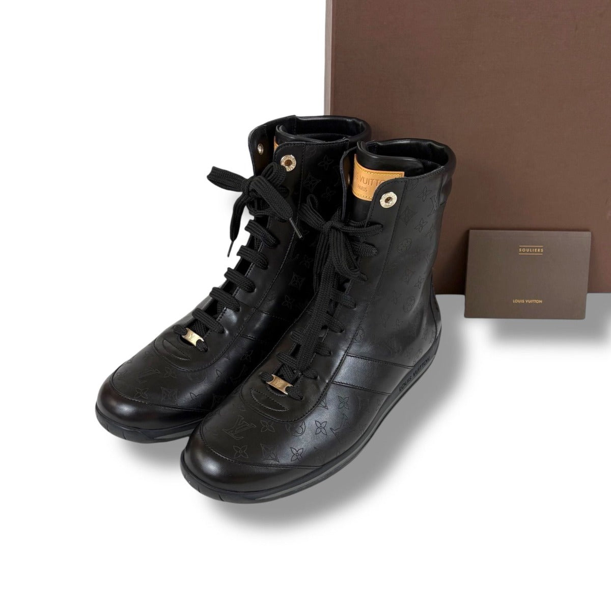 Louis Vuitton All Leather Boots Monogram Black 5 Lace Up