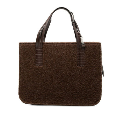 Chanel Logo Tote Shoulder Bag Brown Shearling Leather