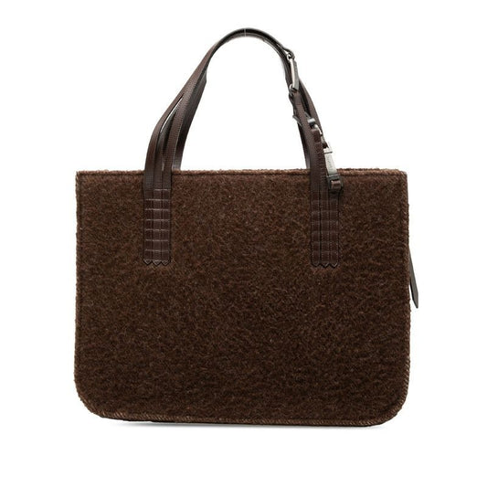 Chanel Logo Tote Shoulder Bag Brown Shearling Leather