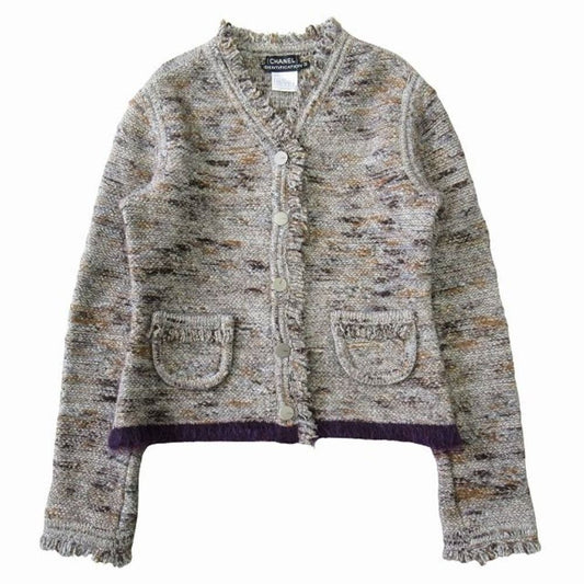 Chanel Colorless Knit Jacket Cardigan Fringe Vintage 42 Gray Brown