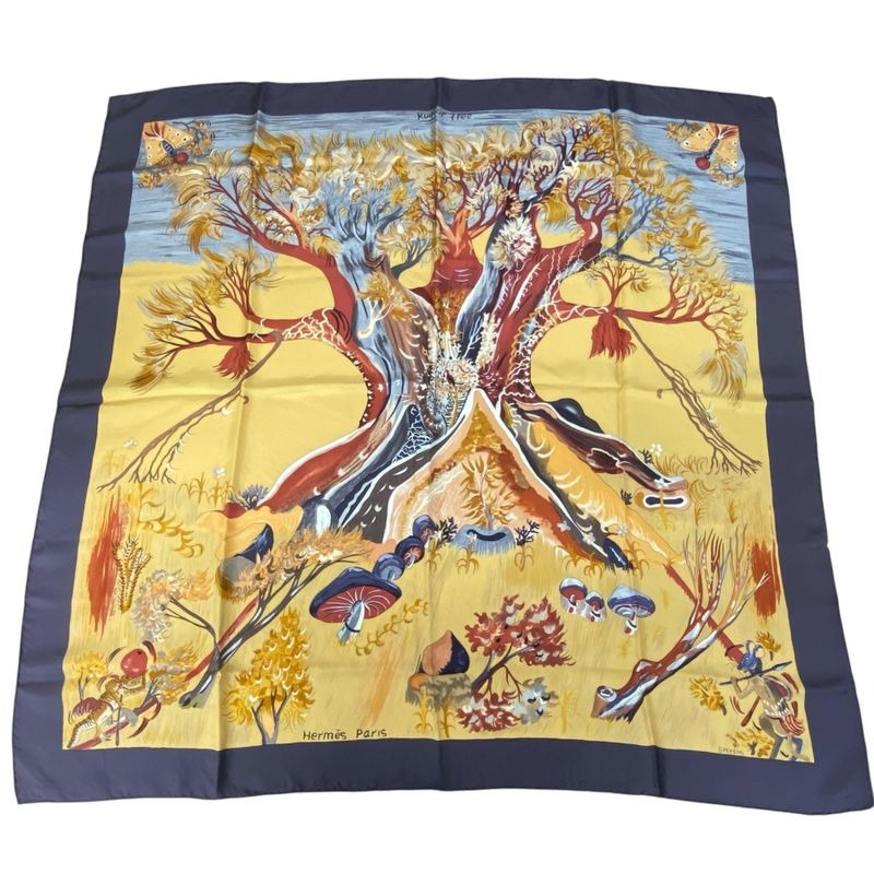 Hermes Carre 90 Scarf Silk Kuggor Tree Brown
