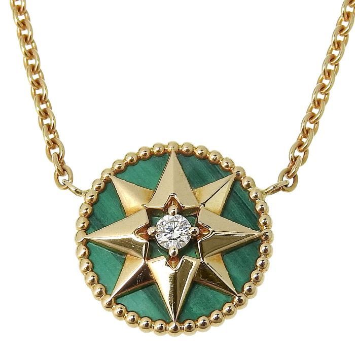 Christian DIOR Rose De Vents Medallion Diamond Malachite Necklace 18K Yellow