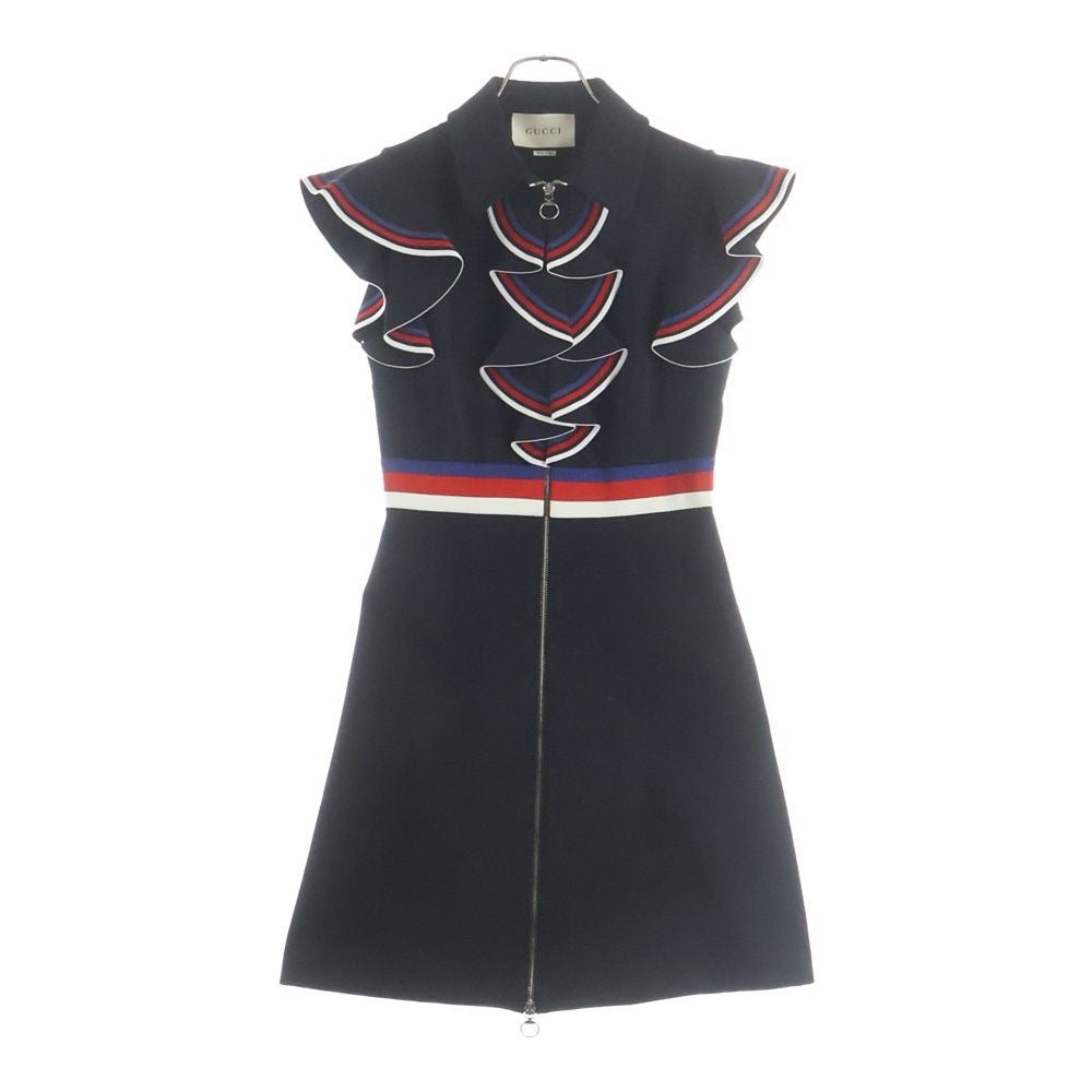 Gucci Web Ruffle Zip Up Jersey Dress Black