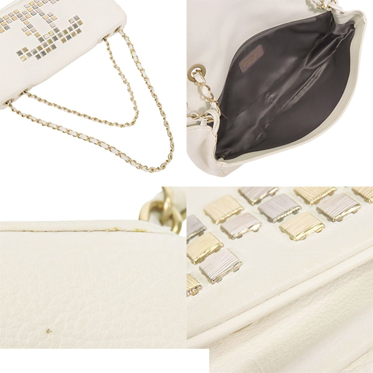 Chanel Chain White Gold Silver Leather CC Logo Studs Shoulder Bag — view 4
