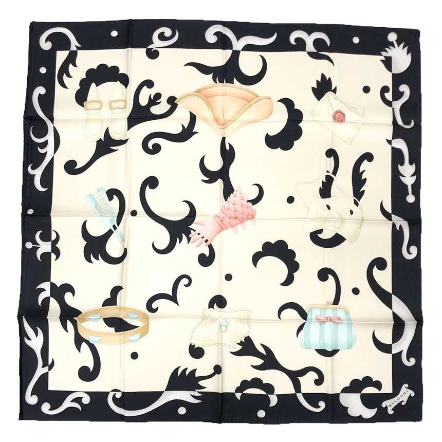 Bvlgari Scarf Hat Gloves Mask Silk Ivory Black