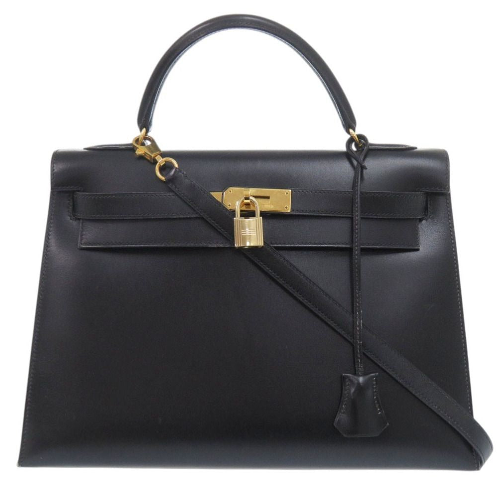 Hermes Kelly 32 Sellier Box Calf Black Gold Handbag