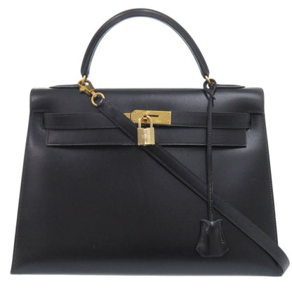 Hermes Kelly 32 Sellier Box Calf Black Gold Handbag