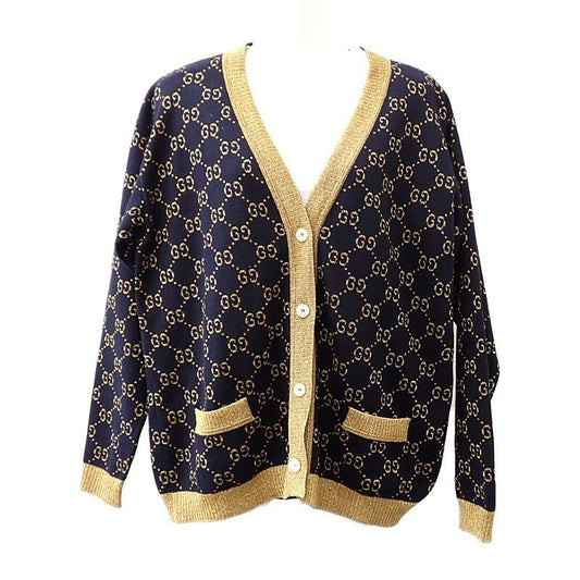 Gucci GG Cotton Lam Fabric M Cardigan Navy Gold