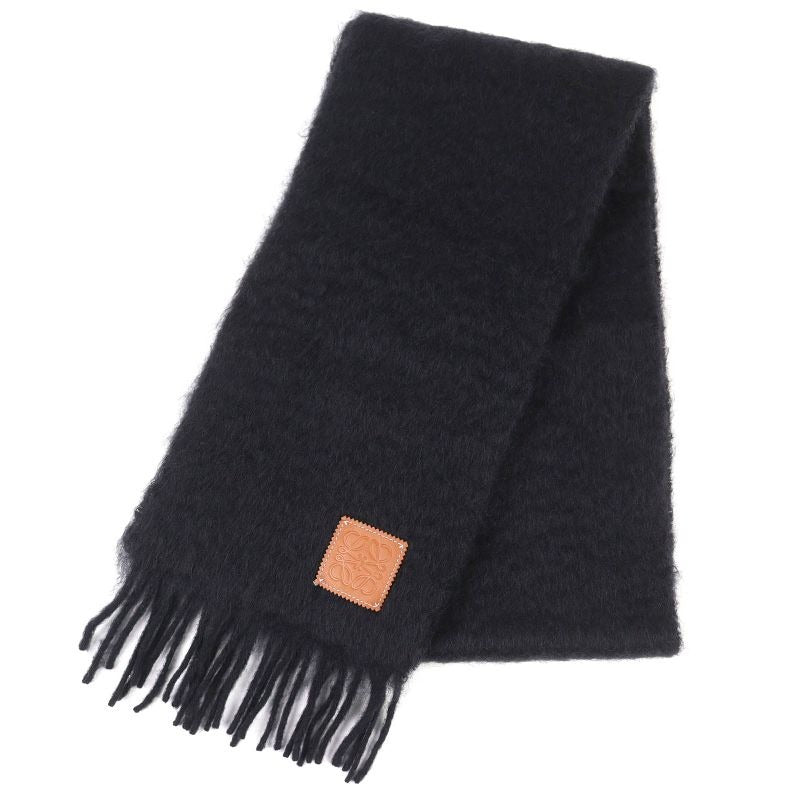 Loewe Mohair Wool Anagram Leather Patch Long Muffler With Fringe Black Scarf