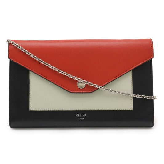 Celine Pocket Large Flap Chain Wallet Shoulder Bag 2-Way Clutch Leather Black