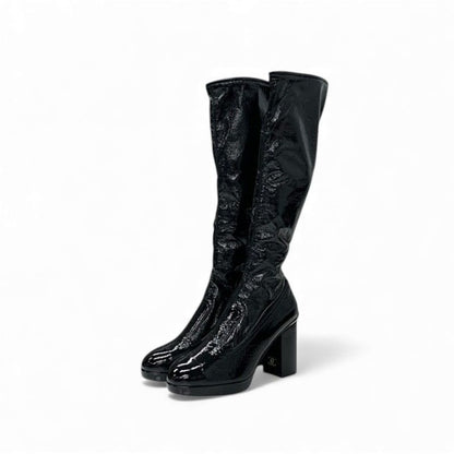 Chanel Boots Long Shoes Patent Leather Black Gold CC Logo Wrinkle