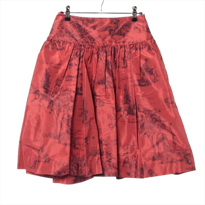 Hermes Silk Flared Skirt 34 Horse Motif Pattern Red
