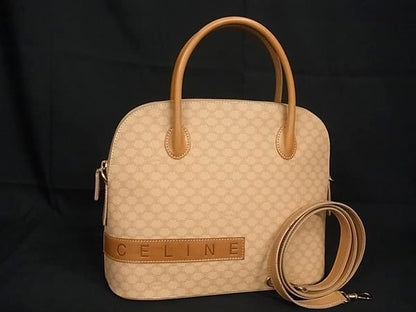 Celine Macadam Pattern PVC X Leather 2WAY Handbag Shoulder Bag Beige Av4881