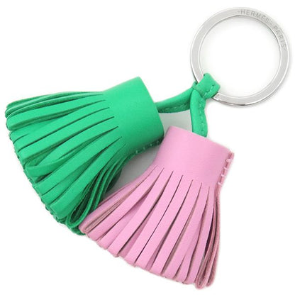 Hermes Key Ring Carmen Unodos Lambskin Mint and Mauve Silvestre Silver Hardware