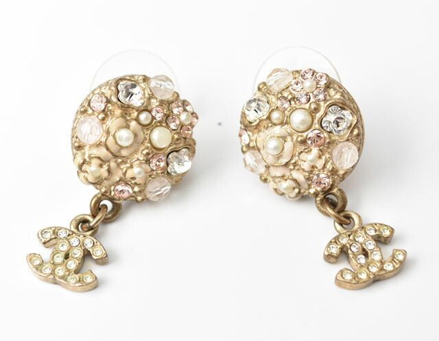 Chanel Earrings Chanel Circle Pearl Motif Logo Rhinestone Gold