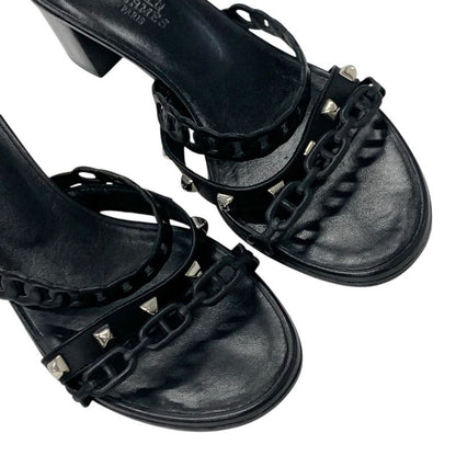 Hermes Aggaccio Sandals Shoes Leather Black Silver Chaine D'ancre Studded Mules