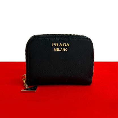 Prada Logo Saffiano Leather Round Zip Coin Case