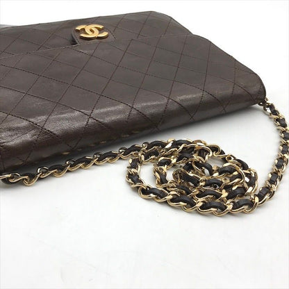 Chanel CC Logo Quilted Lambskin Chain Shoulder Bag Push Lock Brown