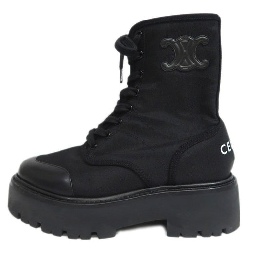 Celine Balkis Lace Up Boots Size 38 Black Nylon Leather Shoes