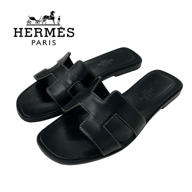 Hermes Oran Sandals Shoes Leather Black Flat Sandals Mules