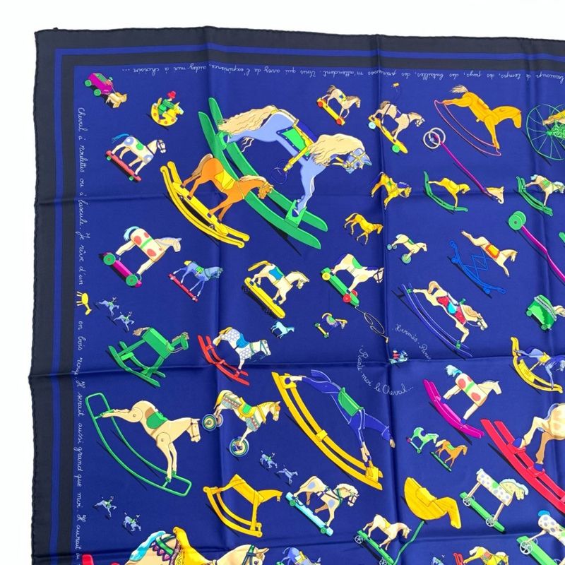 Hermes Carre 90 Raconte Moi Le Cheval Talking About Horses Navy Scarf 100% Silk