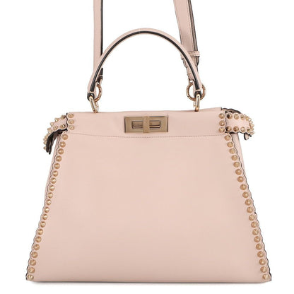Fendi Peekaboo Regular Leather Studs 2-Way Shoulder Bag Pink Beige