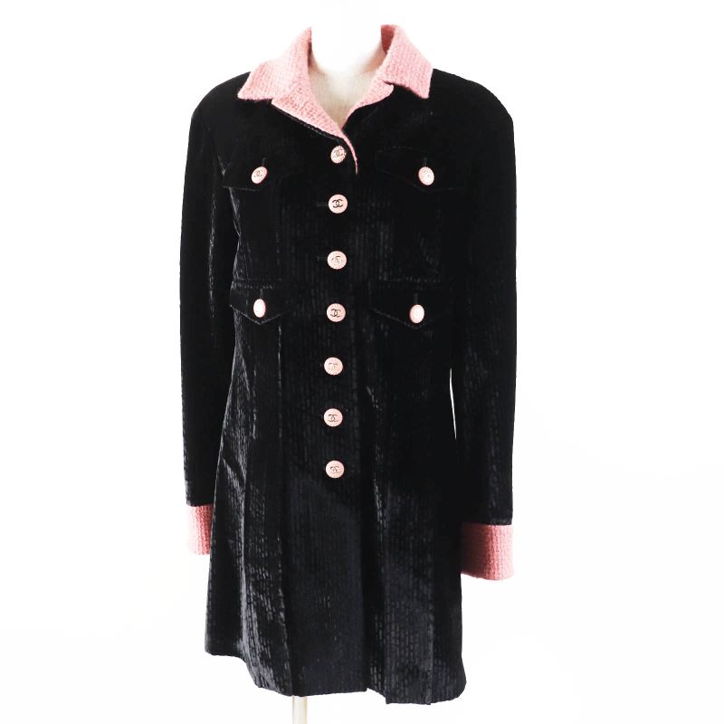 CHANEL 22B P73309 Silk-blend Coco Button Tweed Switch Velvet Coat Black Pink 38
