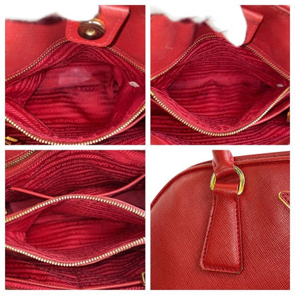 Prada Saffiano Triangle Logo Plate Red Gold Hardware Leather Handbag Shoulder