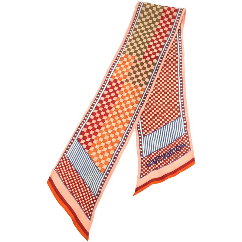Louis Vuitton Bandeau Checkered Silk Scarf Pink and Multicolor