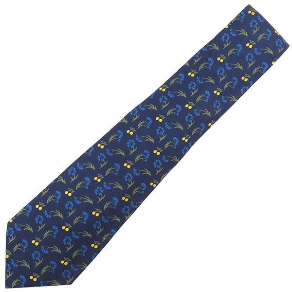 Hermes Tie Botanical Pattern 9cm (3.54in) Silk Navy and Multicolor Navy Blue