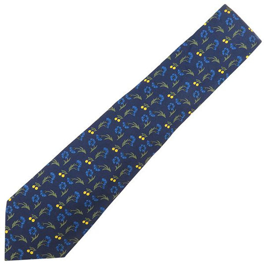 Hermes Tie Botanical Pattern 9cm (3.54in) Silk Navy and Multicolor Navy Blue