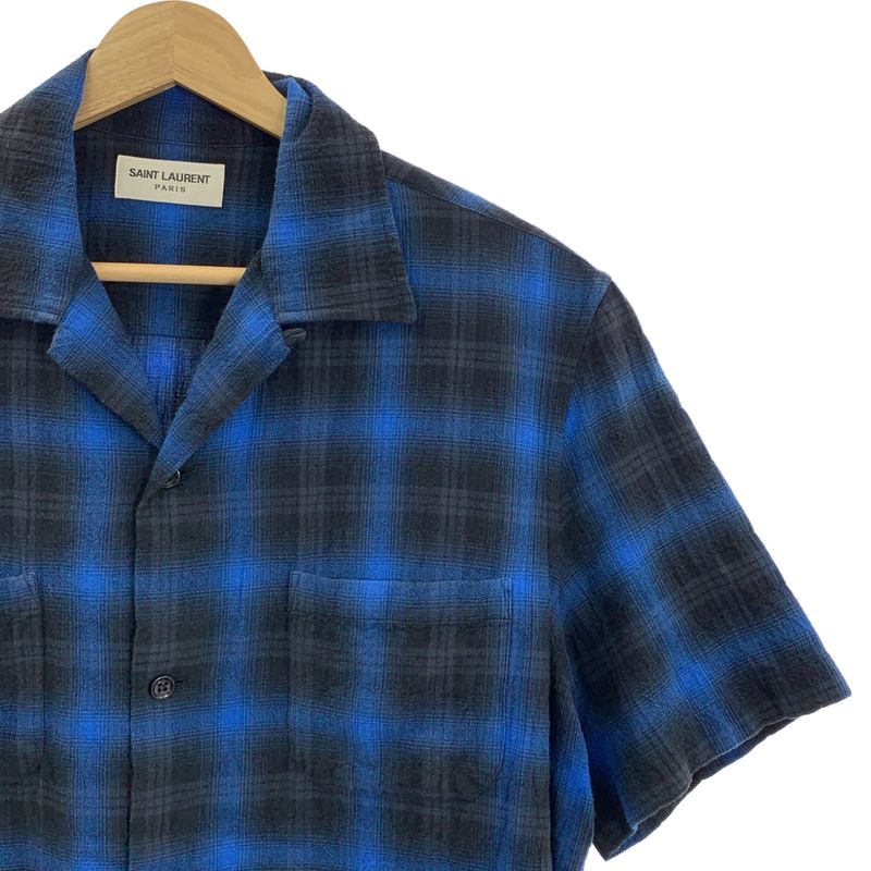 Saint Laurent Paris | Ombre Check Open Collar Short Sleeve Shirt | 36 14 | Blue