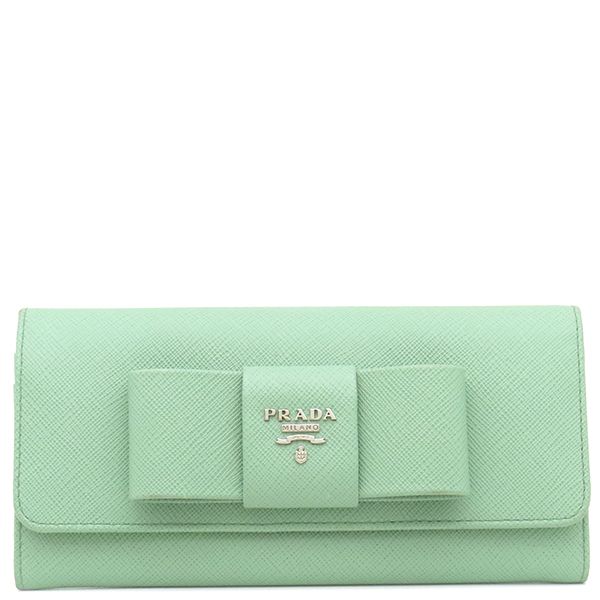 Prada Long Wallet Ribbon Flap Wallet Saffiano Leather Aqua Marina Silver