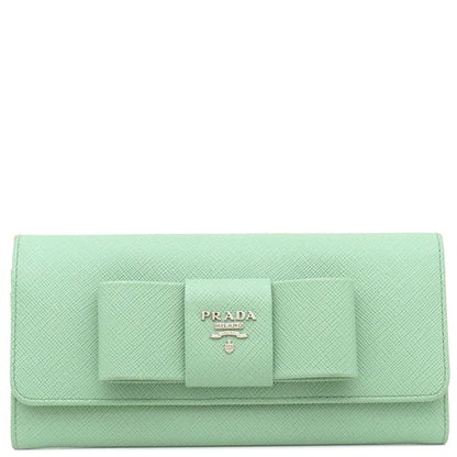 Prada Long Wallet Ribbon Flap Wallet Saffiano Leather Aqua Marina Silver