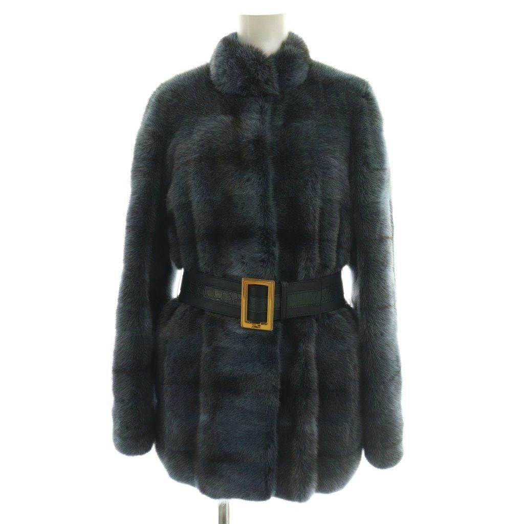 Fendi Coat Outer Fur 38 Navy Black