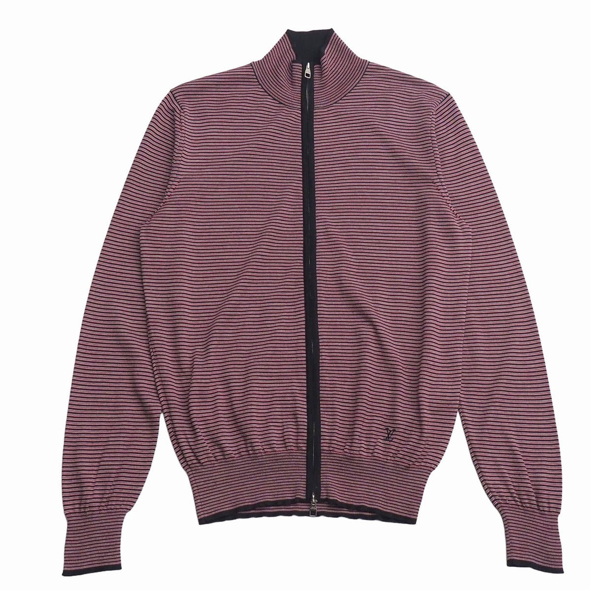 Louis Vuitton Knit Top XS LV Logo Embroidery Zip Up High Red Navy Border Pattern