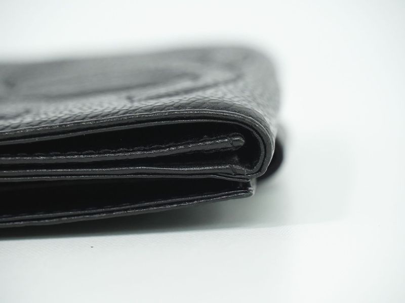 Authentic Chanel Coco Mark Fold Wallet Compact Wallet Caviar Skin Leather Black