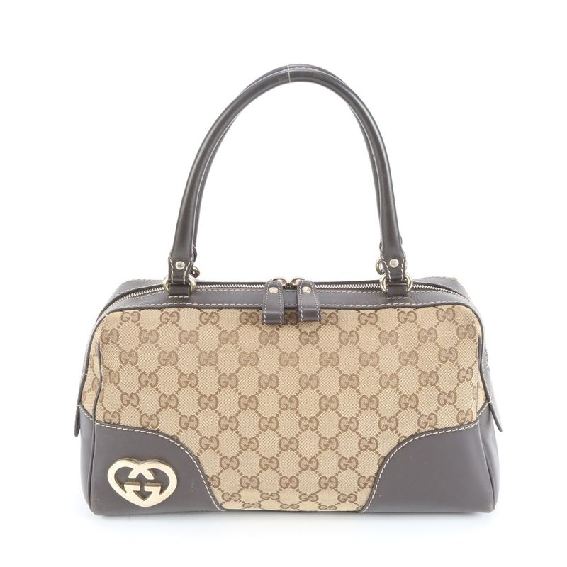 Gucci GG Canvas Lovely Heart Leather Tote Bag Mini Boston Shoulder Hand 257067