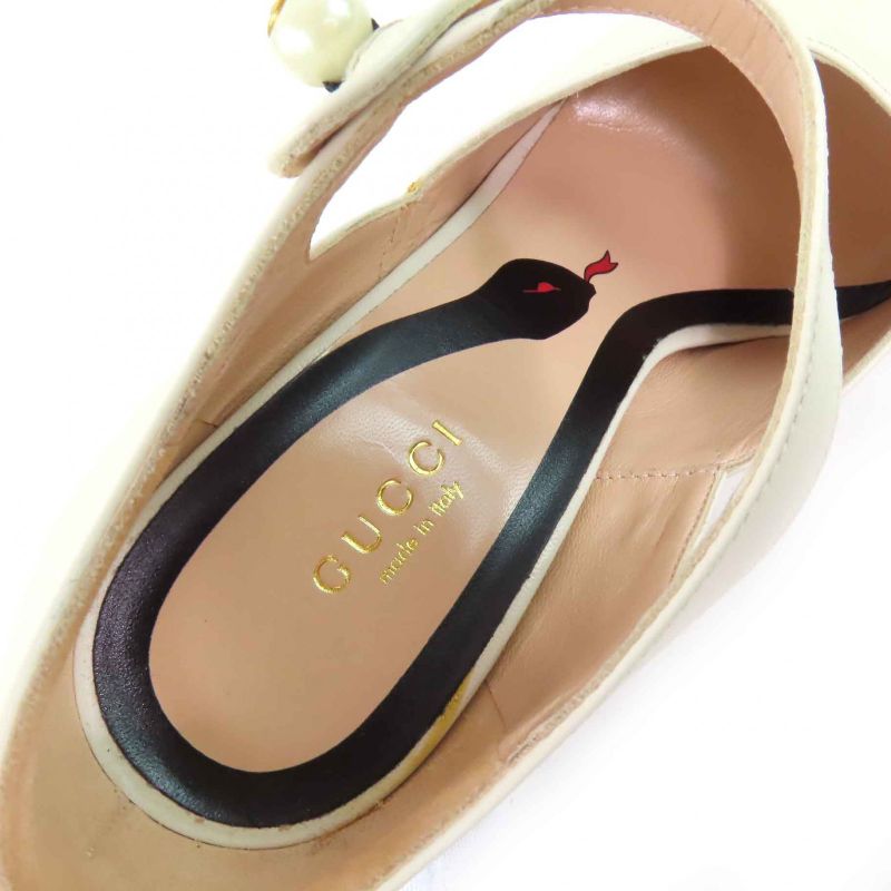 Gucci 447599 Leather Interlocking G Pearl Ankle Strap Round Toe Pumps Ivory 37