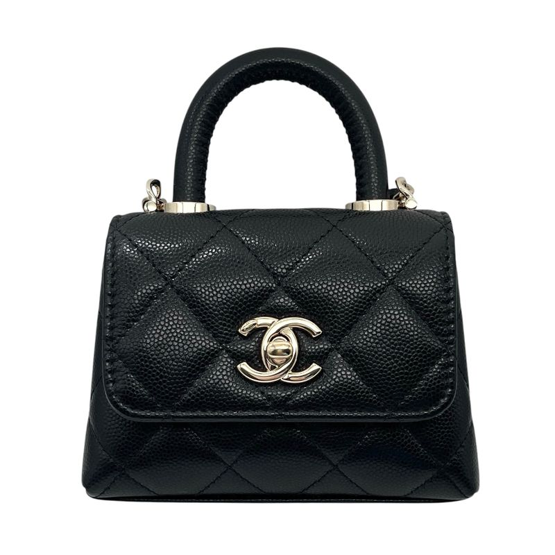 Chanel Shoulder Bag Leather Coco Handle Micro Caviar Skin Gold Hardware Black