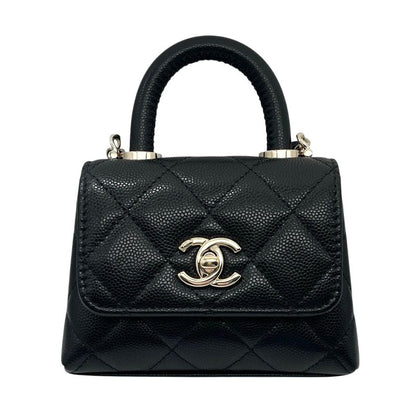 Chanel Shoulder Bag Leather Coco Handle Micro Caviar Skin Gold Hardware Black