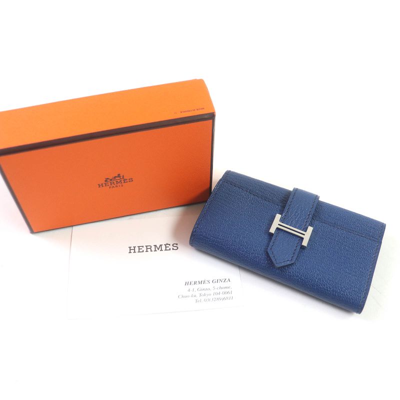Hermes Bearn H Logo Silver Hardware Chèvre Leather 4-ring Key Case Blue Dmarte