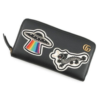 Gucci Wallet GG Marmont Patch Motif Leather Zip Around Black Multicolor