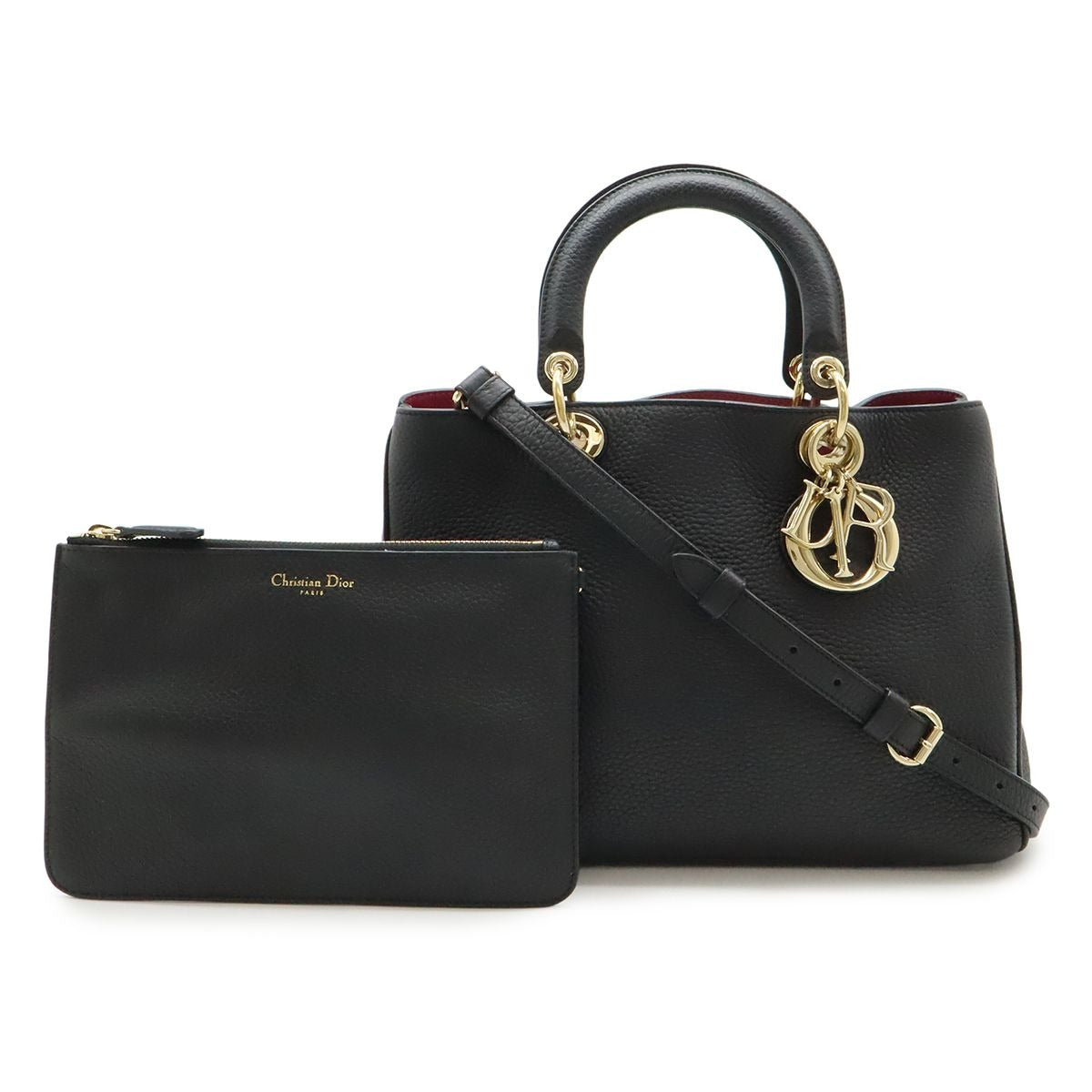 Dior Diorissimo 2-Way Shoulder Bag Crossbody Leather Black Gold