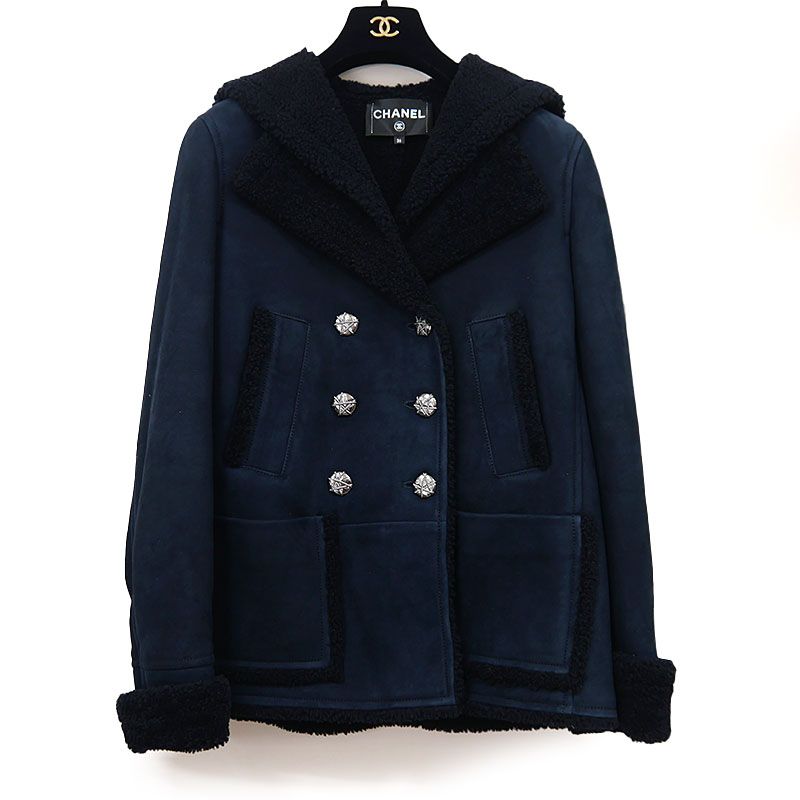 Chanel Sailor Collar Mouton Short Coat P59085 36 Navy